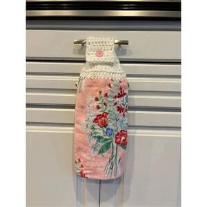 Crochet Top Kitchen Towel-Hello Spring pink towel red flowers.  White topper